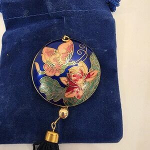 Vintage Floral Butterfly Cloisonne Tassel Pendant Necklace w Pouch Jewlery purse